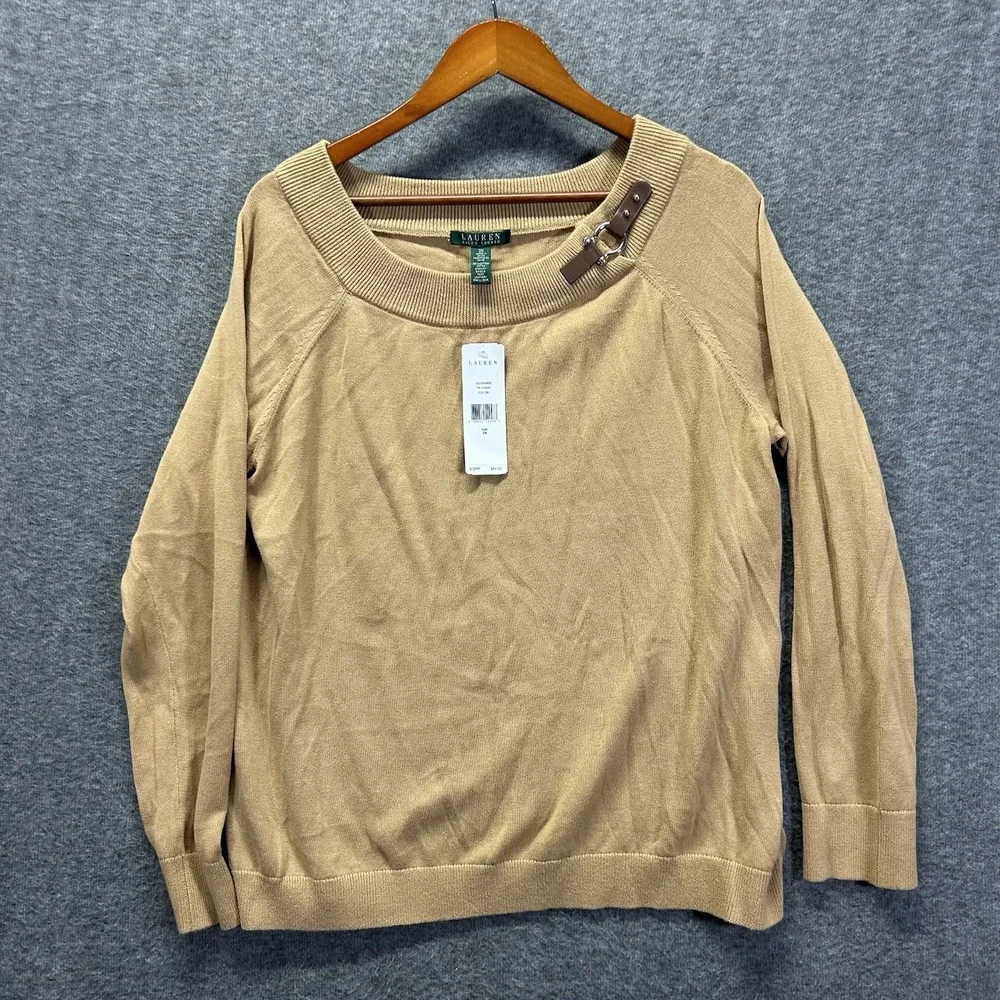 Lauren Ralph Lauren Women Faux Leather Buckle‎ Neck Sweater Sz 2X Brown